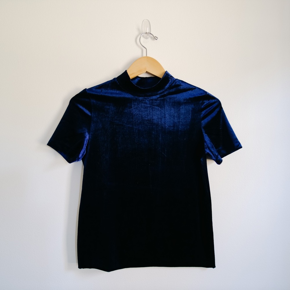 ZARA TRAFALUC Dark Blue Velvet Mock Neck T Shirt